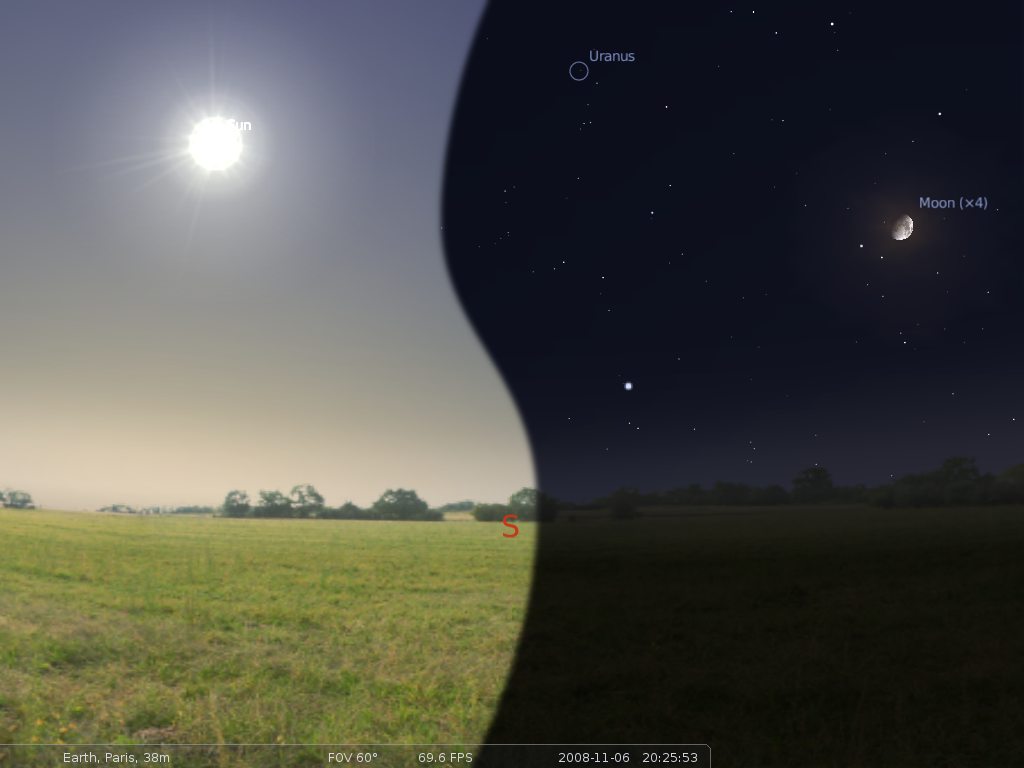 Snímok z programu Stellarium zachytávajúci dennú a nočnú oblohu.